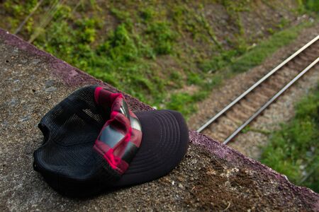Hat and train route.The trip.の写真素材