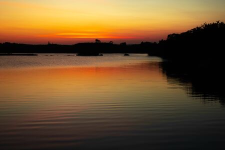 Evening atmosphere on the edge of a large swamp.When the sun goes down.の写真素材