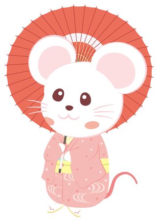 A mouse in a kimono, a Japanese umbrellaのイラスト素材