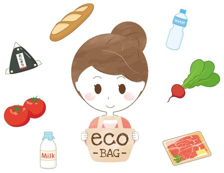 A woman with an eco bag and ingredientsのイラスト素材