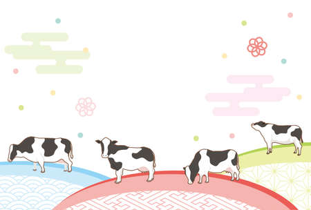 Japanese pattern and cow backgroundのイラスト素材