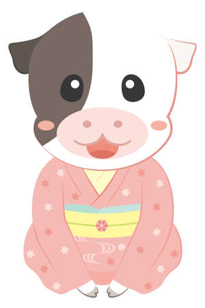 A cow character in a kimono. Kimono is a traditional Japanese costume.のイラスト素材