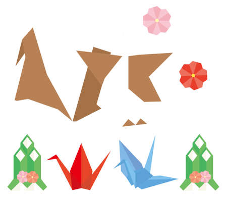 Origami cows and New Year's items.のイラスト素材