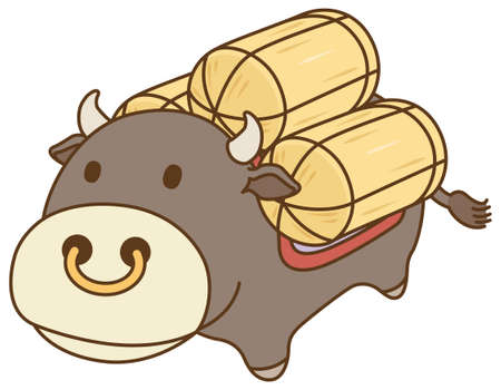 A cow carrying a rice bag. Vector illustrationのイラスト素材