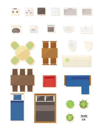 Floor plan set of furniture and home appliances.
