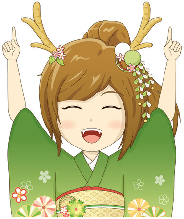 Dragon girl in kimono. Smiling and pointing.のイラスト素材