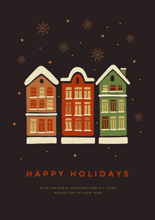 Christmas card. Houses in the snow. Hand drawn Christmas and New Year vector elements. This illustration can be used as a greeting card, poster or print.のイラスト素材