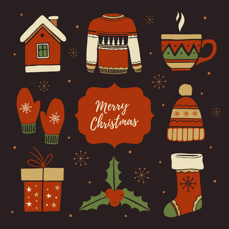 Christmas decorations and set elements: house, mittens, mug, hot, gift, Christmas sock, sweater, hat, holly. Merry christmas and Happy new year. Hand-drawn illustration.のイラスト素材