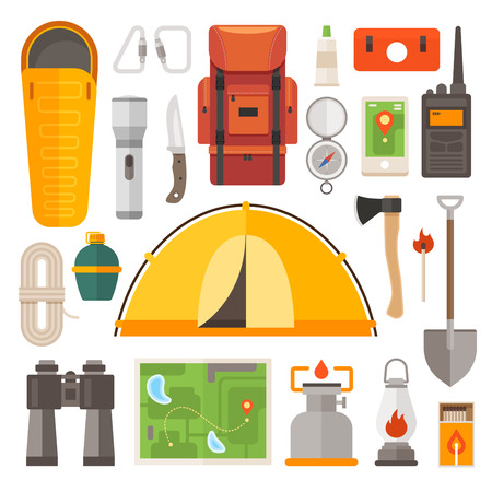 Set of equipment for travel, recreation, adventure. Collection camping equipment: backpack, sleeping bag, compass, binoculars, tent, map, ax. Preparing for the trip.のイラスト素材