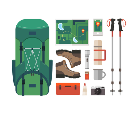 Set of equipment for travel, recreation, adventure. Collection camping equipment: backpack, GPS, medicine chest, mountain boots, thermos, map, mountain climbing sticks. Preparing for the trip.のイラスト素材