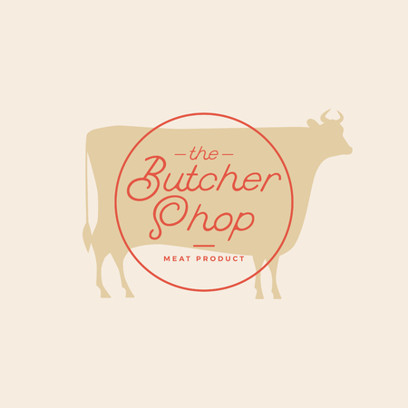Butcher shop logo. Butchery label with sample text. Silhouette of cow.のイラスト素材