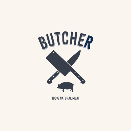Butcher shop logo. Butchery label with sample text. Knives and a pig.のイラスト素材