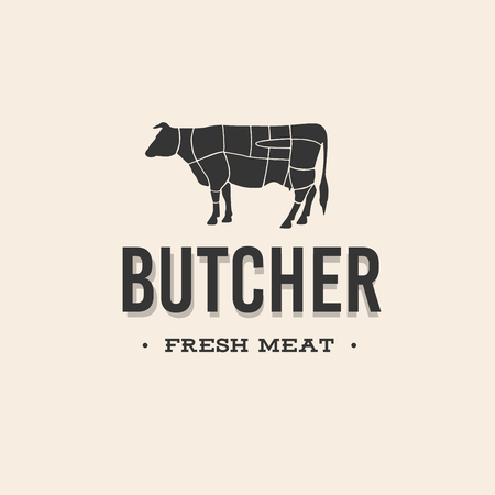 Butcher shop logo. Butchery label with sample text. Scheme and the silhouette of a cow.のイラスト素材