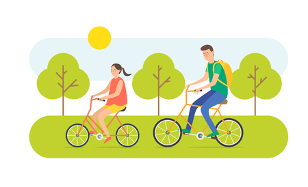Young woman and man ride the bike. Vector illustration cartoon vacation on bicycles.のイラスト素材