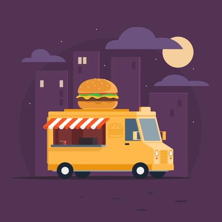 Food truck. Fast food delivery. Mobile food car. Street food van. A car with a big burger on the background of night city.のイラスト素材