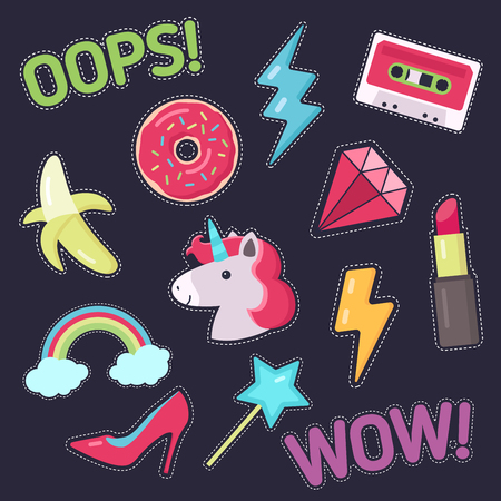 Fashion patch badges. Set of stickers, pins, patches in cartoon comic style of 80s-90s. Vector illustration isolated on background.のイラスト素材