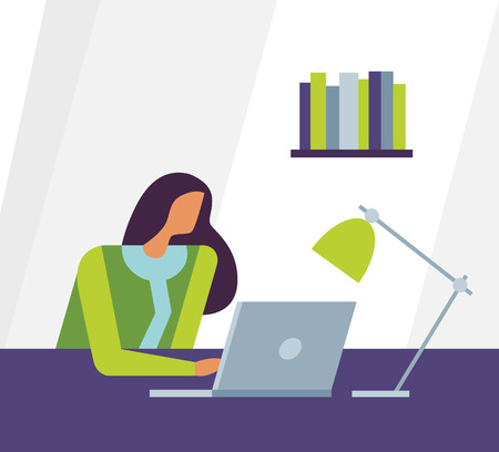 Businesswoman with laptop at desktop. Vector illustration, flat design.のイラスト素材