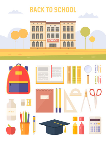 Concept education. Back to school. Set school supplies: school building, pencil, pen, backpack, calculator, notebooks, textbooks. Vector illustration.のイラスト素材