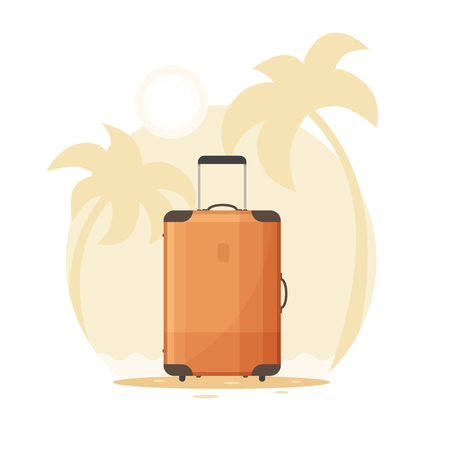 Suitcase for traveling on the background of palm trees. Luggage for travelers. Vector illustration.のイラスト素材