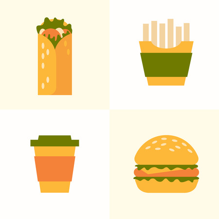 Set of icons on the theme of fast food. Food and drink takeaway: French fries, roll, burger, paper cups coffee. Vector illustration.のイラスト素材