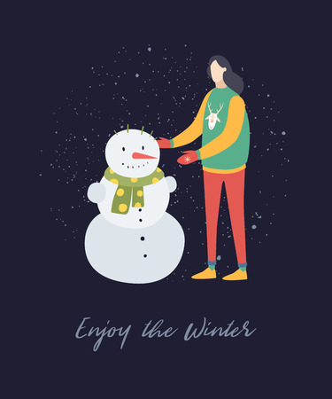 Winter holiday. Cartoon girl sculpts snowman. Vector illustration on a dark background.のイラスト素材