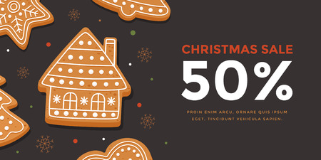 Horizontal banner Christmas sale with gingerbread house. Template New Year gift certificate and discount coupon. Vector illustration.のイラスト素材