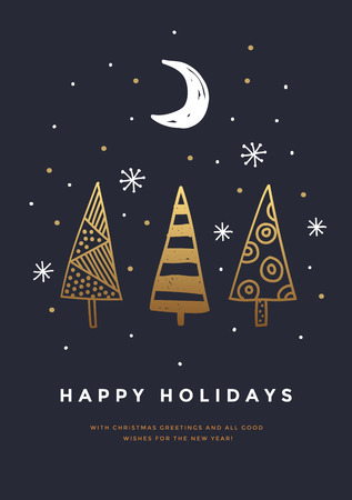 Christmas card with golden drawing. Decorative Christmas trees in the background dark sky, snowflakes and crescent. Happy winter holidays. Vector illustration.のイラスト素材