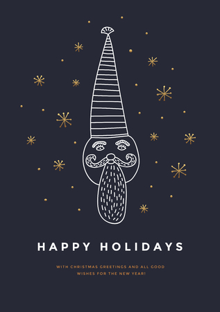 Template of Christmas card with hand drawn Santa Claus and Golden snowflakes. Symbol of Merry Christmas and Happy New Year. Vector illustration.のイラスト素材