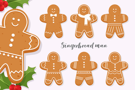 Set of smiling gingerbread man. Holiday sweet cookie isolated on light background. Symbol of Merry Christmas and Happy New Year. Cartoon vector illustration.のイラスト素材