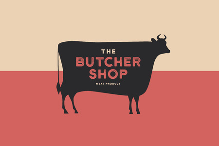 Butcher shop logo with picture of silhouette cow and writing meat product. Design elements for meat stores, packaging and advertising. Vector Illustration.のイラスト素材