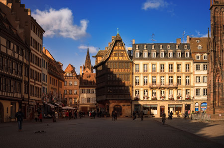 STRASBOURG, FRANCE - JANUARY 5, 2017: Cathedral Square in old sity. View of the traditional half - timbered house Kammerzell - the most famous secular building in Strasbourg. Alsace, France.のeditorial素材