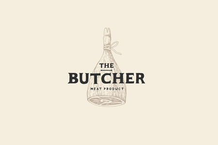 Retro hand-drawn logo butcher shop with picture of ham. Engraving label with sample text. Template for meat business. Vector Illustration.のイラスト素材