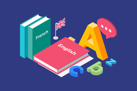 Illustration on the theme of learning and teaching of foreign languages. Image textbooks in French and English, England flag and letters of Latin alphabet. 3d isometric flat design. Vector illustration.のイラスト素材