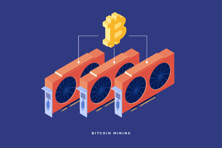 Creation of bitcoins with video cards. Digital currency or cryptocurrency mining farm. 3d isometric flat design. Vector illustration.のイラスト素材
