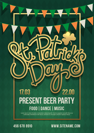 Holiday poster with hand drawn lettering: St.Petersburg. Patrick's Day and with garland of colored pennants. Irish green party. Vector illustration.のイラスト素材