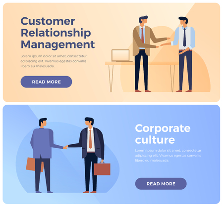 Banners on the theme of business, corporate culture and customer relationship management. Businessmen shake hands. Flat vector illustration.のイラスト素材