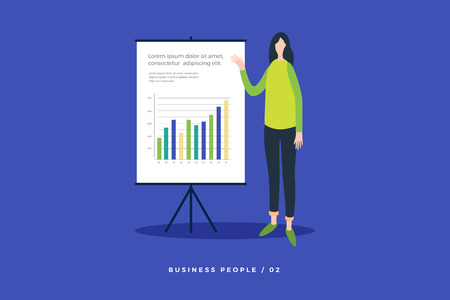 Concept of business training, seminars, and trainings. Young woman near presentation board showing growing chart. Vector flat illustration for website, presentation and promotional materials.のイラスト素材