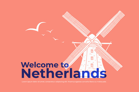 White hand drawn mill with blue inscription of Welcome Netherlands. Symbol of Holland. Design for travel catalogs, leaflets, postcards, brochures. Vector illustration.のイラスト素材