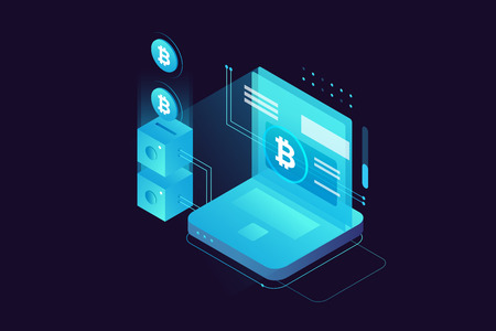 Cryptocurrency and Blockchain concept. Farm for mining bitcoins. Digital money market, investment, finance and trading. Perfect for web design, banner and presentation. Isometric vector illustration.のイラスト素材