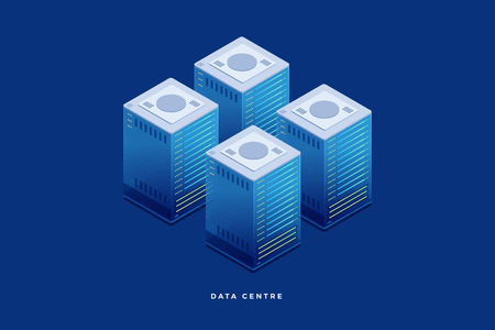 Internet equipment industry. Hosting. Data transmission technology. Illustration of network telecommunication server. 3d isometric design. Perfect for banner, website and presentation.のイラスト素材