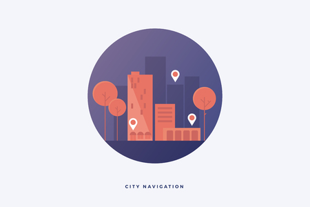 Illustration depicting silhouettes of city buildings and trees. ?oncept of modern navigation on city streets. Flat design. Vector illustration.のイラスト素材