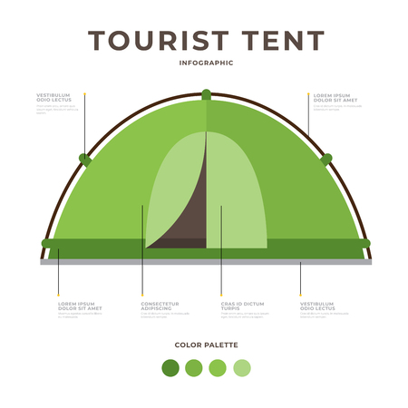 Infographics on topic of travel equipment. Tent for tourism. Active rest and hiking concept.のイラスト素材