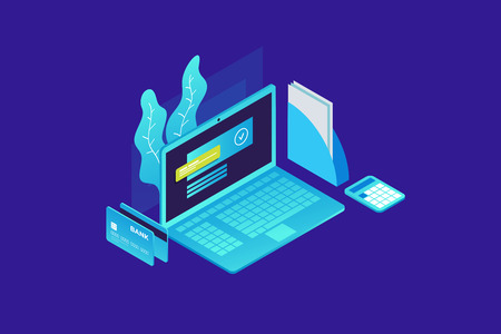 Workplace in office. Isometric image of laptop, calculator and bank cards on blue background. Vector illustration.のイラスト素材