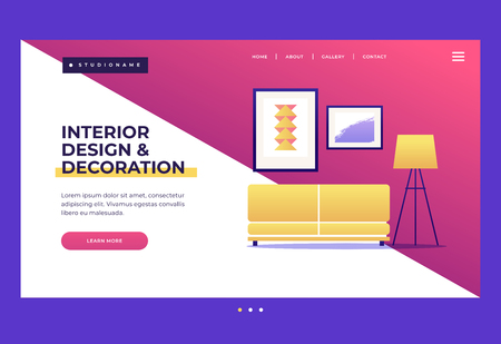 Design template for Landing Page. Homepage. Interior design and decoration concepts. Elements of home interior: sofa, floor lamp and paintings. Vector flat illustration.のイラスト素材