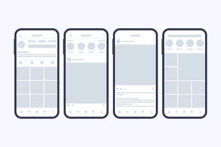 Wireframes of social network pages on smartphone screen. Mockup. Profile page. Frames for photo. Vector illustration.のイラスト素材