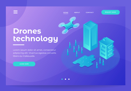 Image of drone flying over city on blue background. Modern technologies of delivery, entertainment. Homepage. Header for website and mobile website. 3d isometric flat design.のイラスト素材