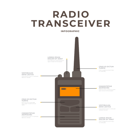 Infographics on topic of travel equipment. Radio transceiver for Active rest. Travel and tourism concept.のイラスト素材