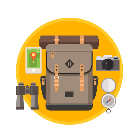 Collection travel equipment: hiking backpack, GPS, binoculars, camera, compass. Preparing for the trip.のイラスト素材