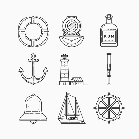 Set of objects on marine theme on white background. Linear icons. Images lighthouse, diver helmet, lifebuoy, bottle of rum, spyglass, anchor, bell, ship steering wheel and sailboat.のイラスト素材