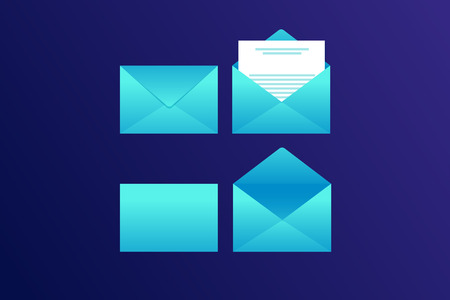 Set of paper envelopes on blue background. An open envelope with letter, an empty envelope and sealed one. Vector illustration.のイラスト素材